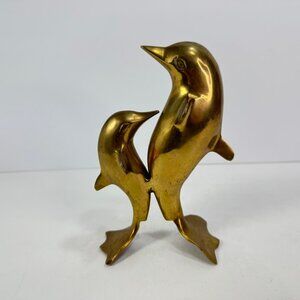 Vintage Brass Mother and Baby Dolphin Figurine 6" tall #2